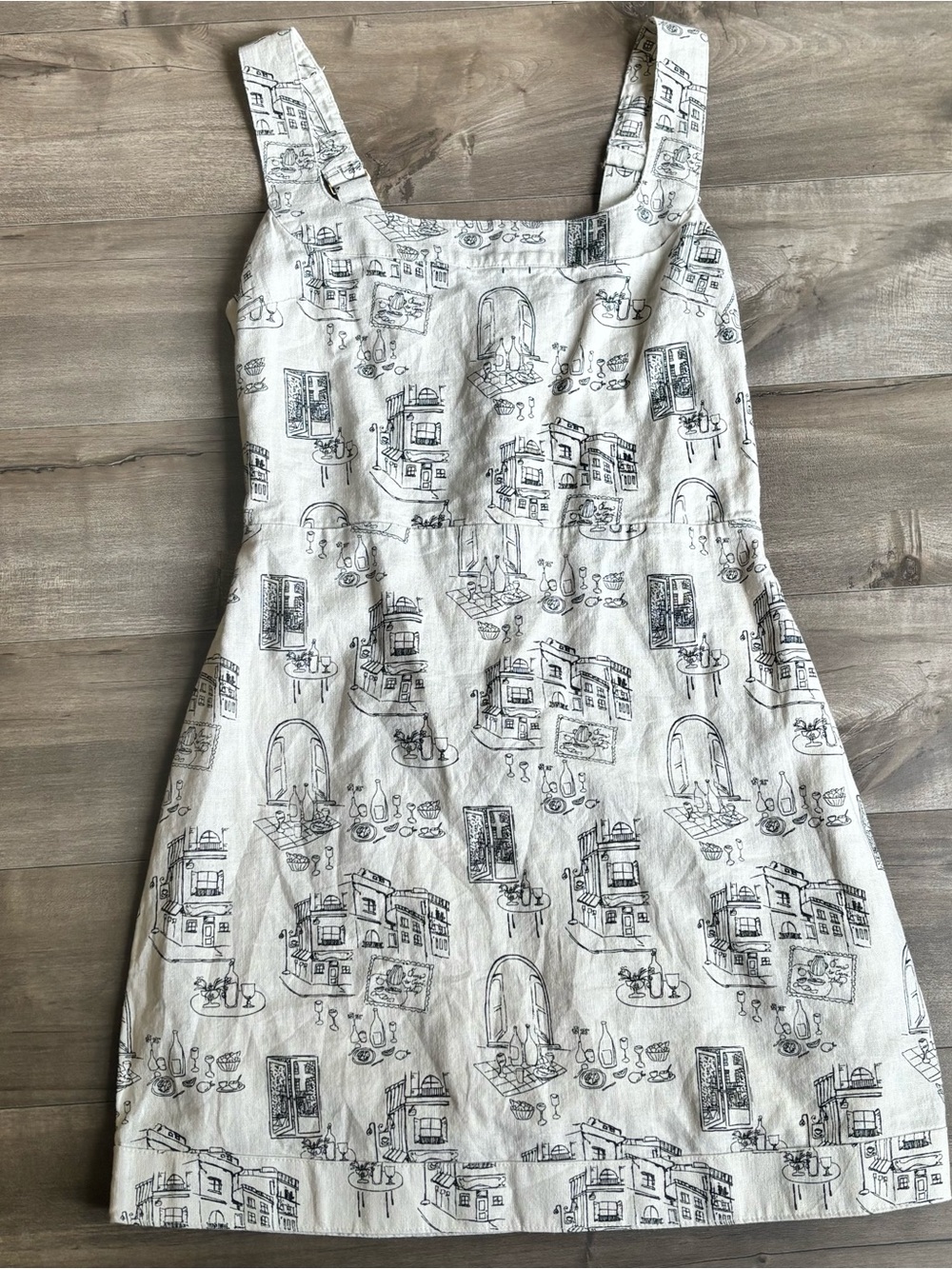 Abercrombie & Fitch Linen Blend Toile Dress Paris Sketch Print Cream Black Small